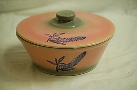 Old Vintage Stoneware Pink &amp; Gray Covered Vegetable Bowl w Blue Flower Stamp MCM - £47.36 GBP