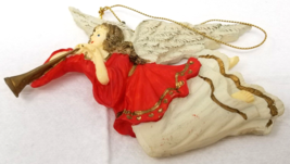 Bugle Flying Angel Christmas Ornament Ceramic Red White Painted Vintage - £9.67 GBP