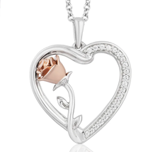 Enchanted Disney Sterling Silver 1/1 CTTW Belle Rose with Heart Pendant Necklace - £104.39 GBP