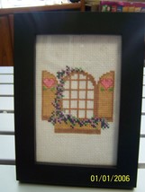Hand Counted Cross Stitched Window with Shutters and flower box w/ Frame... - $25.00