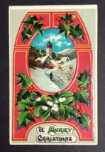 A Merry Christmas Scenic View Church Holly Embossed Glossy Saxony Postca... - $9.99