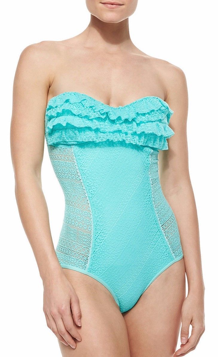 JUICY COUTURE 1PC PRIMA DONNA RUFFLE LACE BANDEAU SWIMSUIT AQUA SKY XS*N... - $59.99