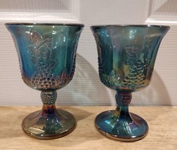 2 Vintage Blue Iridescent Carnival Glass Goblets Set Harvest Grape Indiana 1970s - £15.21 GBP