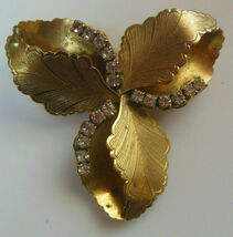 Vintage Gold-tone Prong-set Rhinestone Floral Leaf  Brooch - $18.50