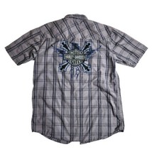Harley Davidson Garage Shirt Snap Button Plaid Gray Blue Size Medium - $39.55