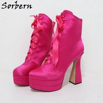 Fuchsia Satin Ankle Boots Women Block High Heel Shoes Lace Up Short Booties Plat - £247.30 GBP