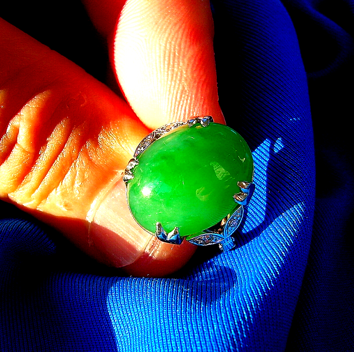 Earth mined Green JADEITE Jade Antique Engagement Ring Deco Diamond 14k Gold Item image 7