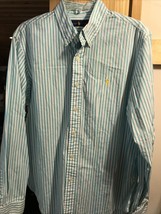 Ralph Lauren VTG Men’s L Teal White Striped Long Sleeve Button Down Cotton Shirt - £23.34 GBP