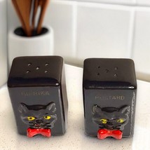 Shafford Vintage 1950&#39;s Japan Redware Black Cats w/ Red Bow Spice Shakers - $16.82