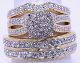 925 Silver Gold Plated Simulated Diamond Bridal Trio Ring Set His &amp; Hers - $105.52