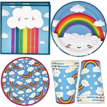 Rainbow Cloud Party Supplies Tableware Set 24 9&quot; Paper Plates 24 7&quot; Plate 24 9 O - £26.88 GBP