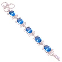 Gorgeous Blue Topaz Oval Gemstone 925 Silver Overlay Handmade Statement Bracelet - £13.59 GBP