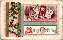 Vintage Merry Christmas Postcard With Kittens &amp; Holly Design - $7.85