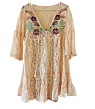 Womans L GUESS  Pink Lace Tiered Western Boho Floral Embroidered Dress Tassels - $31.49