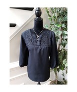 Blair Embroidered Pleated Blouse Women&#39;s Large Black 100% Polyester Long... - $33.96 CAD