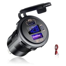 Usb C Car Charger Socket, Dual Ports 12V/24V Outlet Pd3.0 &amp; Qc3.0 Fast Charge Ca - £18.97 GBP