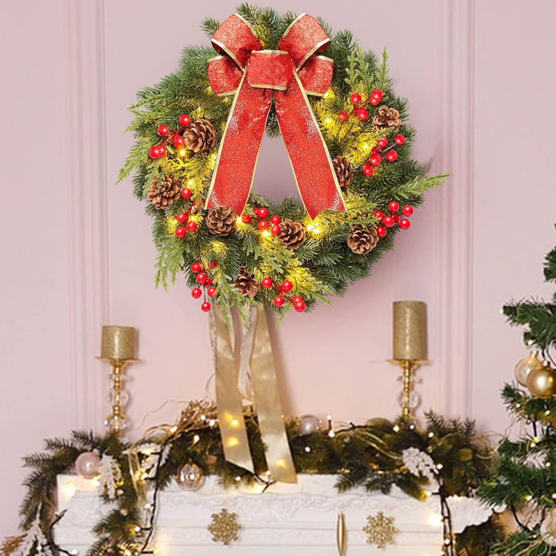 Christmas Wreath 16 Inches, with Metal Hanger, Pre-Lit Artificial Christmas Fron Item image 5