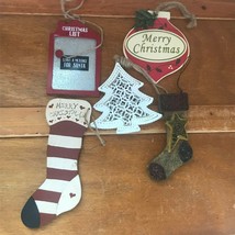 Lot of Painted Wood Stocking &amp; White Metal Christmas Tree Ornaments – white - $13.09