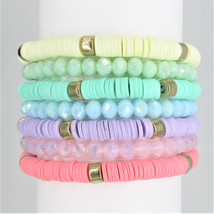 BOHO 7 Stack Stretch Bracelet Multi-color Pastel Colors and Gold Tone bracelet - £15.45 GBP