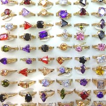 50pcs Gold Tone Real Zircon Rings Heart, triangle, square, flower, waterdrop Sha - £45.11 GBP