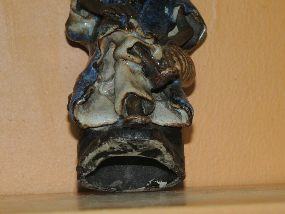 Chinese Mud Man/ Men Blue Robe hat & purse 6" drip glaze unmarked Mudman Antique Item image 7