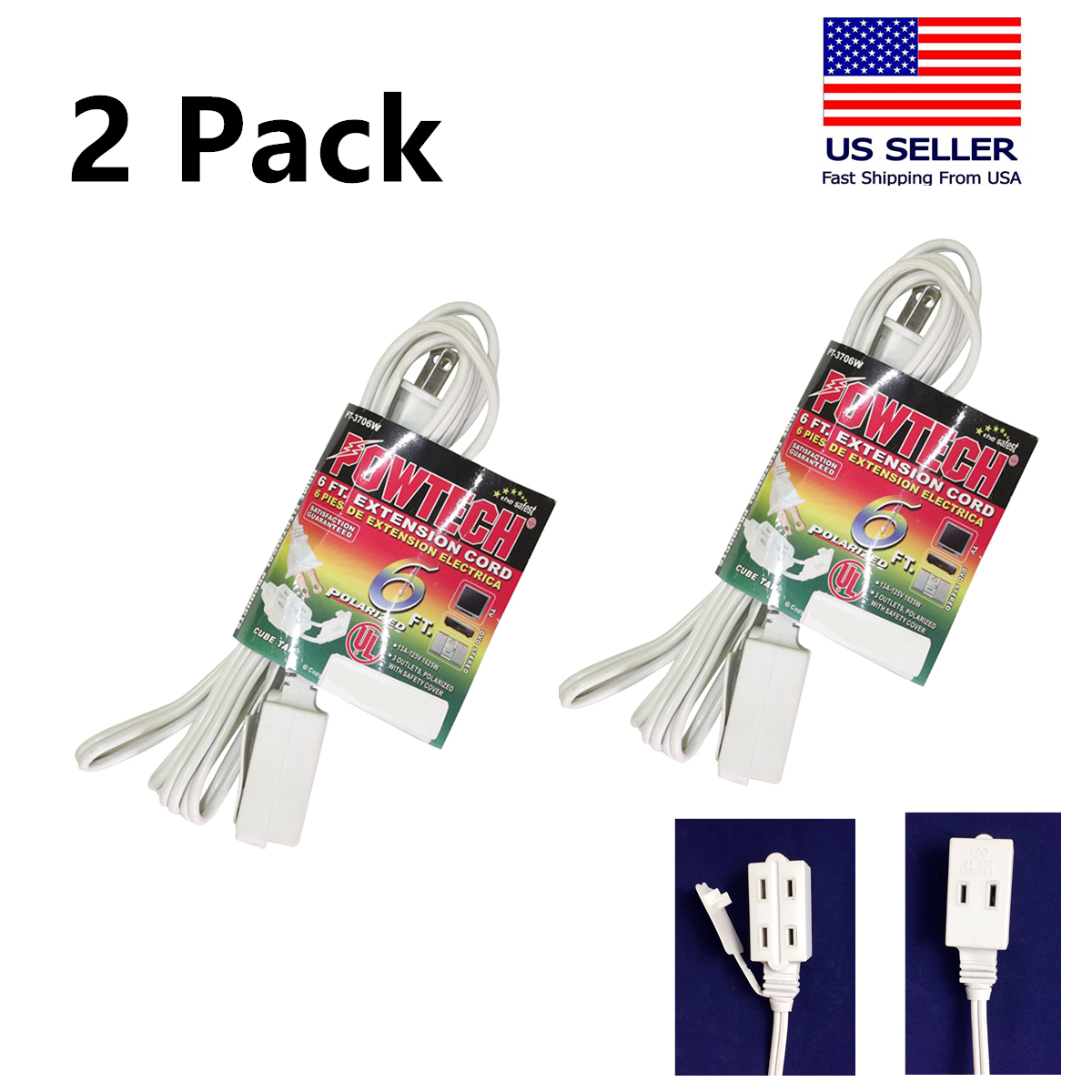 Primary image for 2 Pack 6 FT 3 Outlet Indoor Wall AC Extension Cord Cable Safety Switch UL Listed