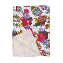 Indian Cotton White Fruit Print Bedspread Kantha Quilt Throw Blanket Bed Cover - £43.65 GBP+
