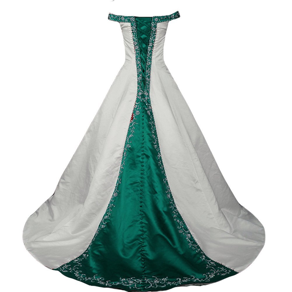Kivary White and Turquoise Green Beaded A Line Off Shoulder Embroidery Wedding D