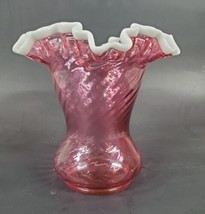 Fenton Glass Cranberry ~ SNOW CREST SPIRAL OPTIC ~ 6 3/4&quot; Tall Ruffled V... - £55.81 GBP