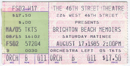 Brighton Beach Memoirs 1985 Ticket Stub 46th Street Theatre NY USA - £7.04 GBP