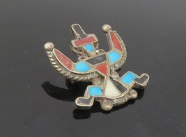 ZUNI 925 Silver - Vintage Antique Turquoise Onyx &amp; Coral Brooch Pin - BP3344 - £59.49 GBP