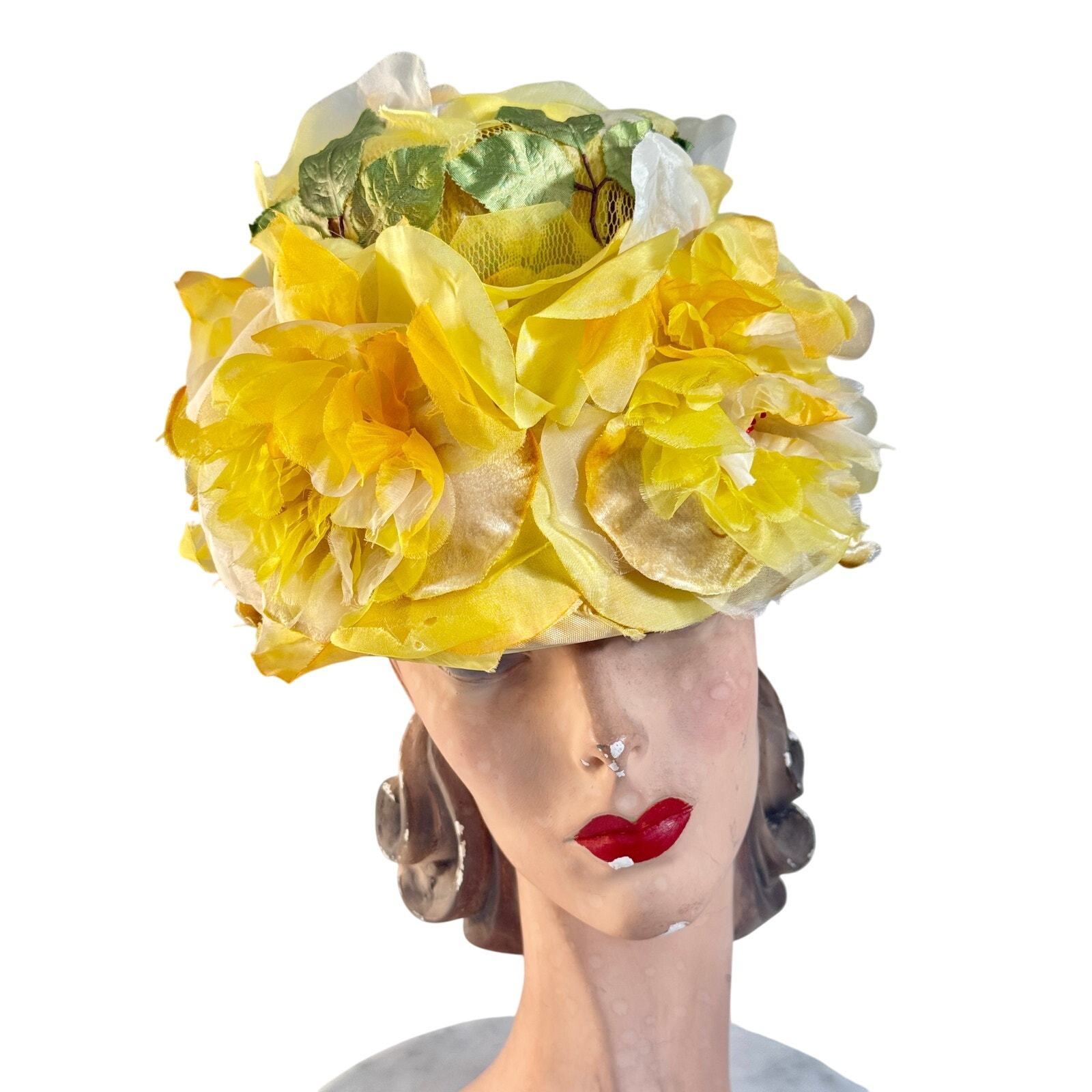 1950s VTG Bucket Hat Floral Fantasy Huge Yellow Silk Flowers Garden Part... - $87.12