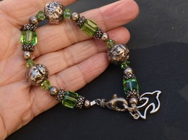 Designer Sterling Silver Green Crystals Modernistic Bracelet  7.5 inches - £30.36 GBP