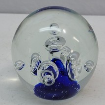 VTG Art Glass Globe W Blue Hand Blown Bubbles Heavyweight Paperweight 3 1/2 Inch - £19.02 GBP