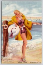 Sexy Blonde Bathing Beauty Linger Awhile With Sun Hat Linen Postcard M28 - $6.95