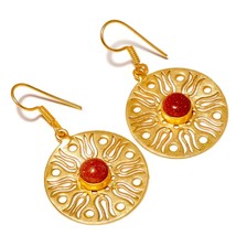 Red Sun Sitara Round Gemstone GoldPlated Handmade Lotus Filigree Dangle Earrings - £10.21 GBP