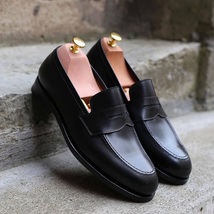 Black Office Dress Up Penny Loafer Slips ON Black Leather Handmade Shoes - £125.23 GBP