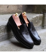 Black Office Dress Up Penny Loafer Slips ON Black Leather Handmade Shoes - £125.62 GBP