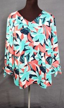 TALBOTS Sz L Red Green Black White Tropical Print 3/4 Sleeve Blouse Tunic Cruise - £17.53 GBP