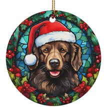 Cute Golden Retriever Dog Santa Hat Stained Glass Wreath Christmas Ornam... - $14.80