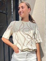  Rope Print T-Shirt Woman 2022 Summer Cotton Artistic Beige Tee Shirts Femme Cas - £85.88 GBP