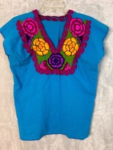 Embroidered blouse peasant floral mexican blouse hand made blue Medium - $28.74