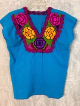 Embroidered blouse peasant floral mexican blouse hand made blue Medium - £22.77 GBP