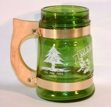 Beer Mug Green Glass Barrel Wood Handle Souvenir Maine Pine Tree Vintage 14 oz - $9.87