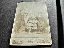 Brother and Two Girls Sisters- 1890&#39;s Cabinet Card by Harry Co., Wooster, Ohio. - £7.07 GBP