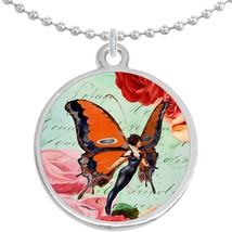 Vintage Butterfly Girl Round Pendant Necklace Beautiful Fashion Jewelry - £8.58 GBP