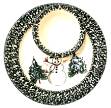 Patton Pottery Christmas Chip &amp; Dip Plate Snowman Green Trim 7.5&quot; Handmade EUC - $15.29