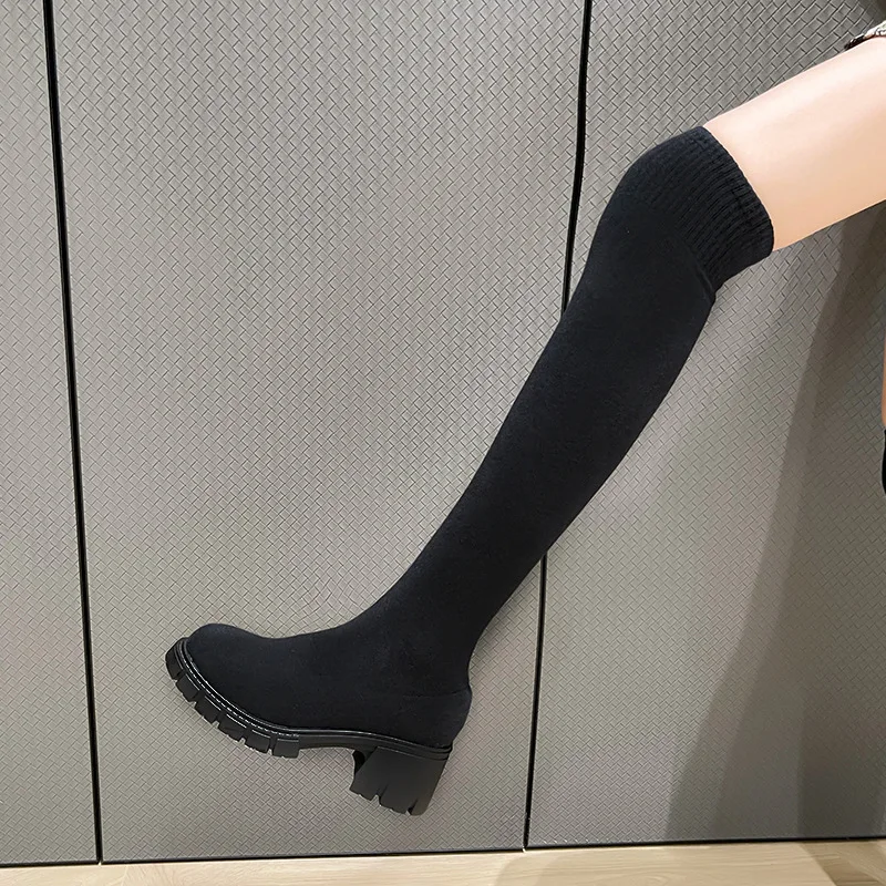 Sexy Slim Over The Knee Stretch Socks Boots Women Autumn Thick High Heels Long B - £33.99 GBP