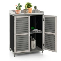 Grey Solid Wood Patio Storage Cabinet Garden Potting Bench Table with Metal Top - £205.41 GBP