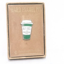But First Coffee Cup Pin 1&quot;  Metal Enamel Peter Pauper Press 2017 White Green - £14.65 GBP